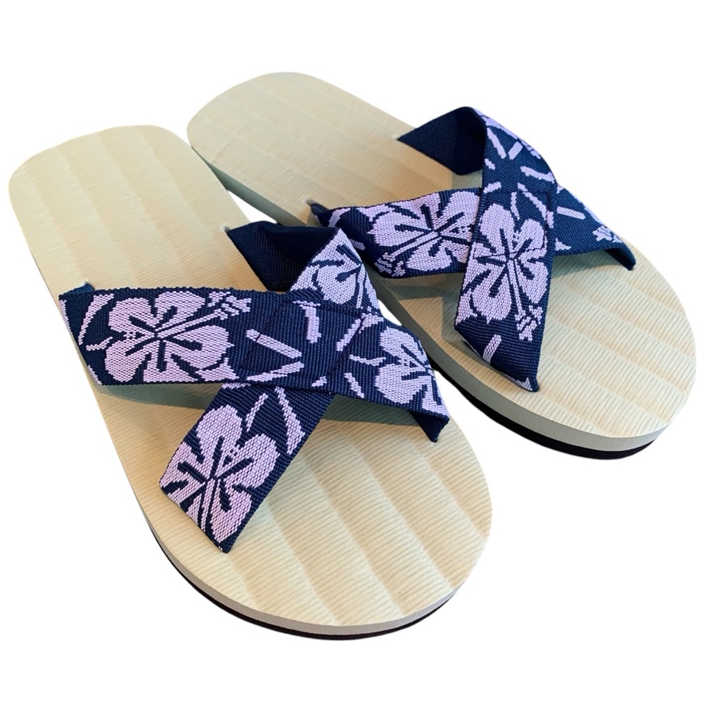 Japanese Tatami-Styled Flip Flop Sandals Blue Floral Print NWOT